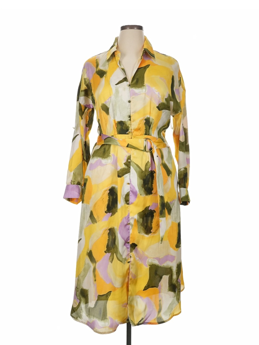 French Connection Yellow Abstract Print Long Sleeve Shirt Dress
